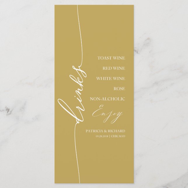 Tarjeta de menú de bebida de boda Fancy Gold 4x9 p (Anverso)