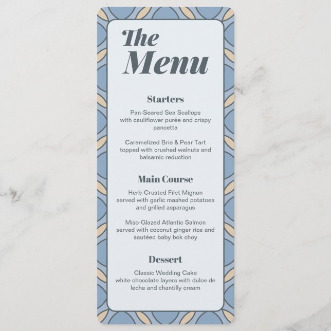 Tarjeta de menú de boda art déco azul polvoriento  (Anverso)