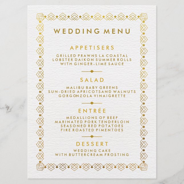 Tarjeta de menú de boda Art Deco dorada (Anverso)