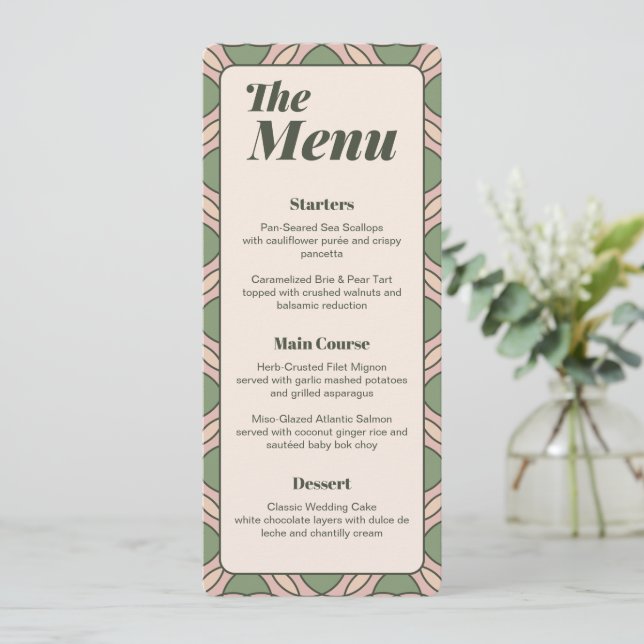 Tarjeta de menú de boda Art Déco en verde salvia (Anverso de pie)