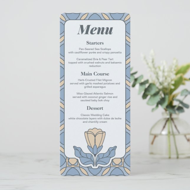 Tarjeta de menú de boda Art Nouveau azul polvorien (Anverso de pie)