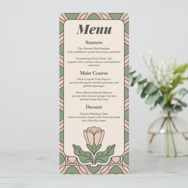 Tarjeta de menú de boda Art Nouveau verde salvia (Anverso de pie)