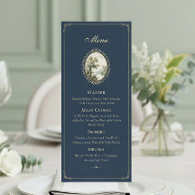 Tarjeta de menú de boda azul marino y dorado pasto