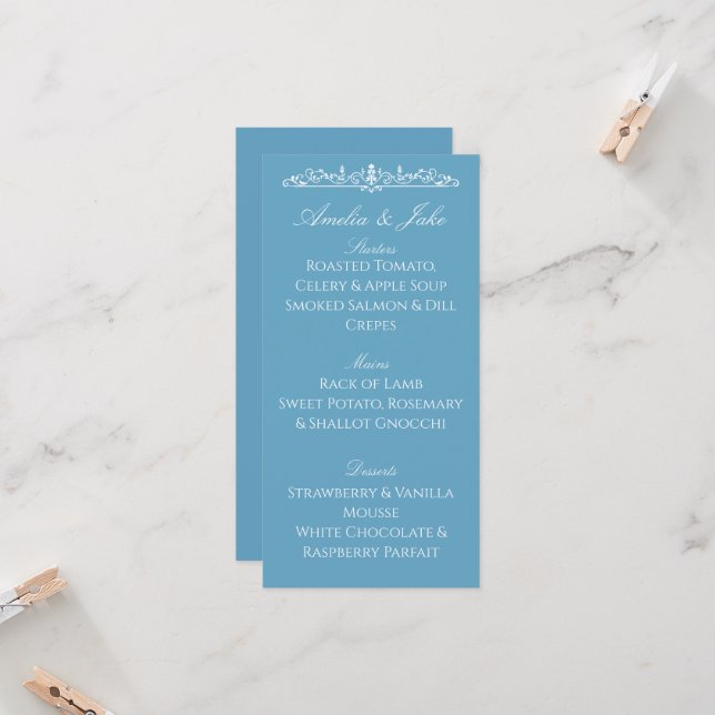 Tarjeta de menú de boda azul Regencia (Anverso/Reverso In Situ)
