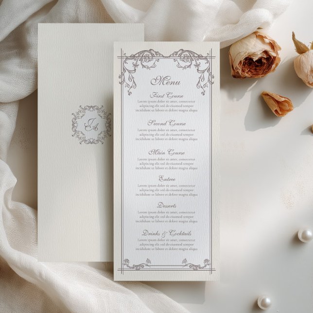 Tarjeta de menú de boda barroca marfil con monogra (Subido por el creador)