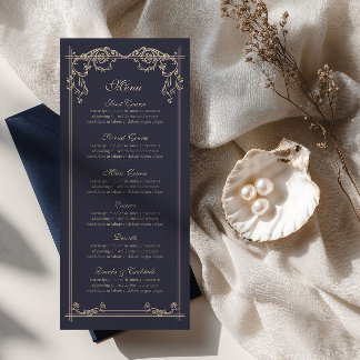 Tarjeta de menú de boda barroco azul marino