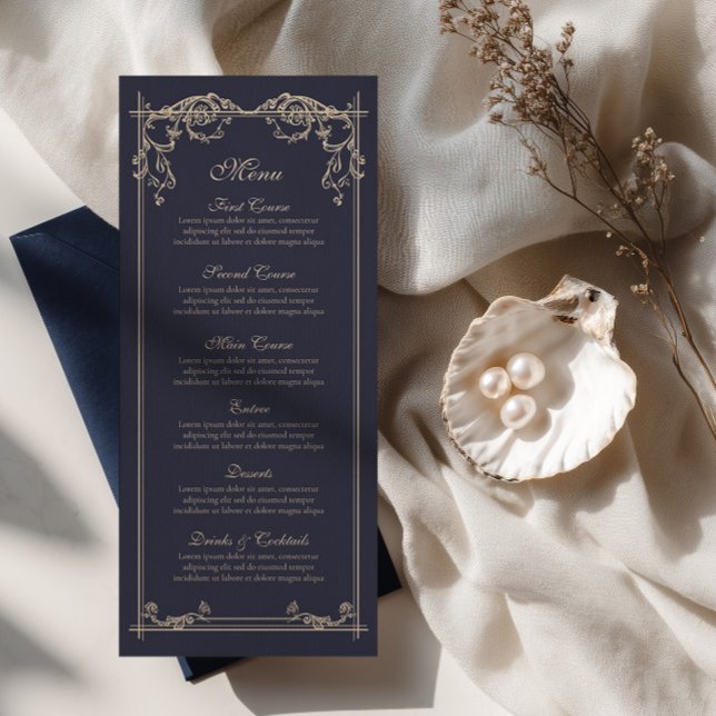 Tarjeta de menú de boda barroco azul marino (Subido por el creador)