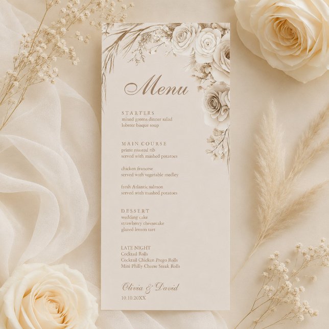 Tarjeta de menú de boda beige Rosas de Marfil (Ivory Roses Beige Wedding Menu Card with beige and ivory flowers)