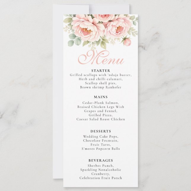 Tarjeta de Menú de Boda Blush Peony (Anverso)
