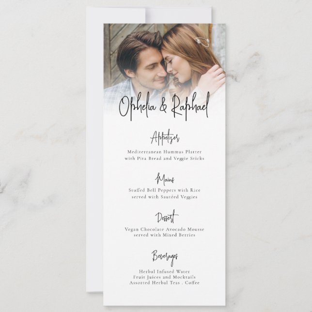 Tarjeta de menú de boda boho con guión de foto mod (Anverso)