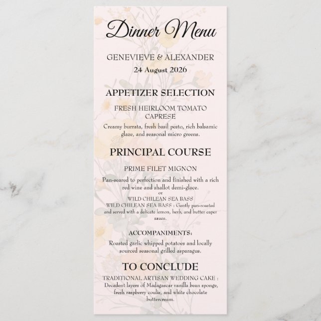 Tarjeta de menú de boda botánica de flores silvest (Anverso)