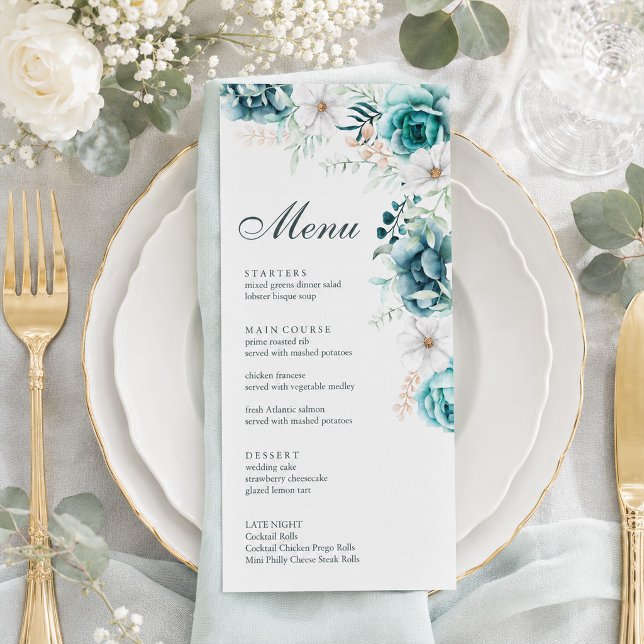 Tarjeta de menú de boda botánica turquesa (Teal Botanical Wedding Menu Card)