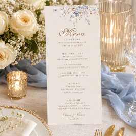 Tarjeta de menú de boda botánico azul polvoriento