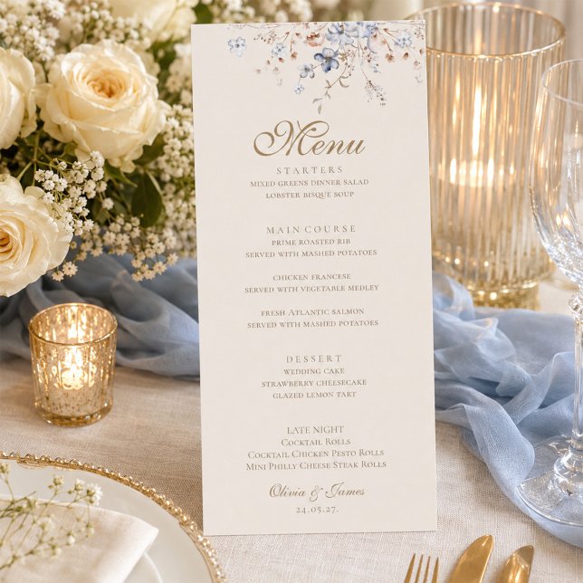 Tarjeta de menú de boda botánico azul polvoriento (Dusty Blue Botanical Wedding Menu Card)