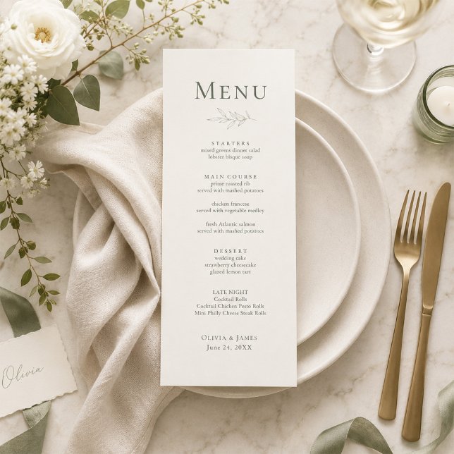 Tarjeta de menú de boda botánico con toque de salv (Modern Sage Botanical Wedding Menu Card on an elegant wedding dinner table with tiny flowers)