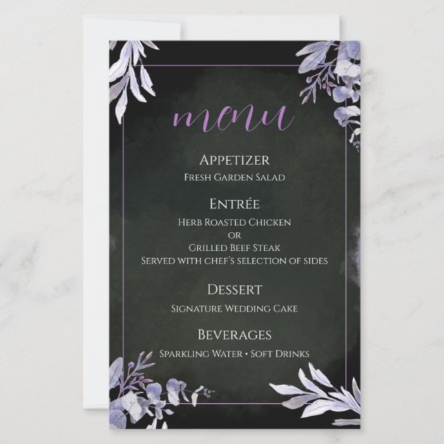 Tarjeta de menú de boda botánico de lavanda (Anverso)