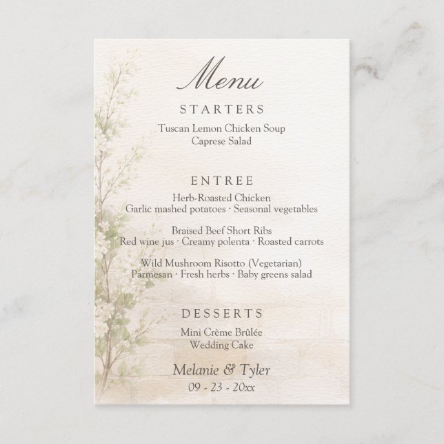 Tarjeta de menú de boda botánico elegante (Anverso)