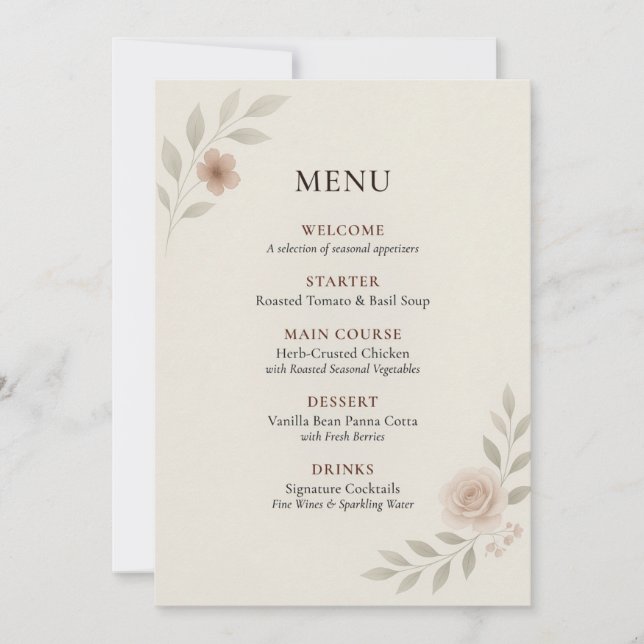 Tarjeta de menú de boda botánico elegante (Anverso)