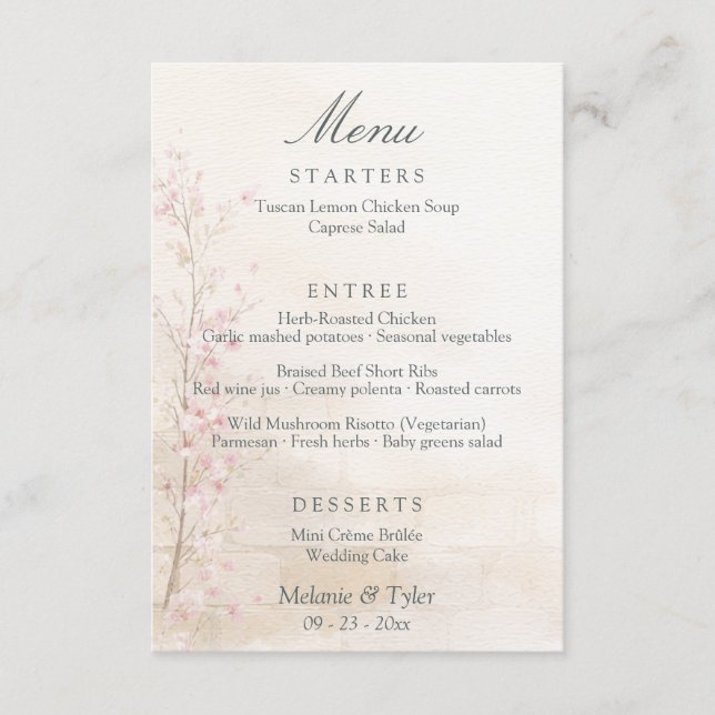 Tarjeta de menú de boda botánico elegante de prima (Anverso)