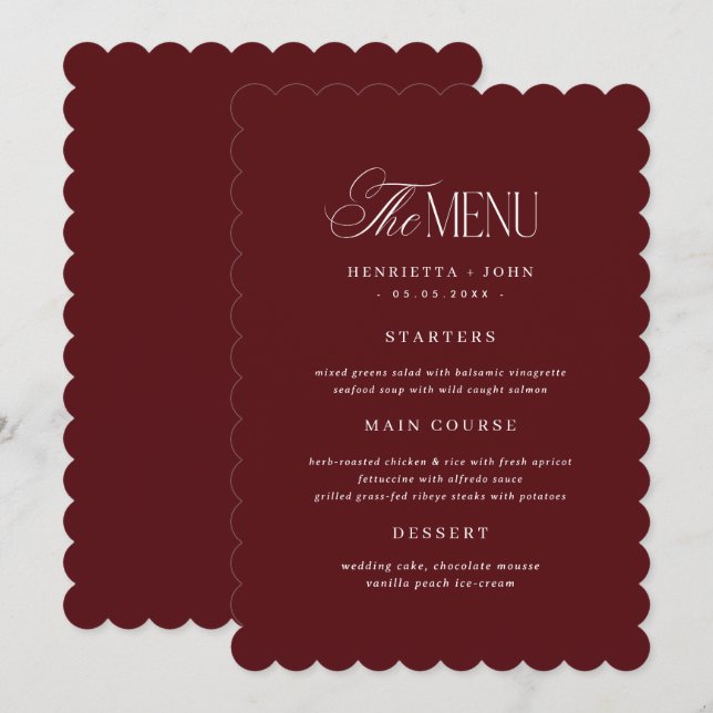 Tarjeta de menú de boda burdeos con borde escalona (Anverso / Reverso)