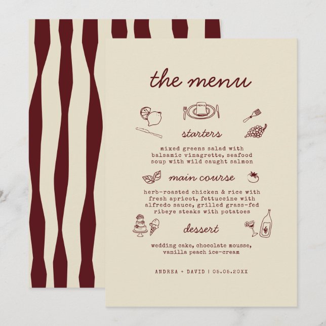 Tarjeta de menú de boda caprichosa dibujada a mano (Anverso / Reverso)