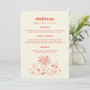 Tarjeta de menú de boda caprichosa roja dibujada a