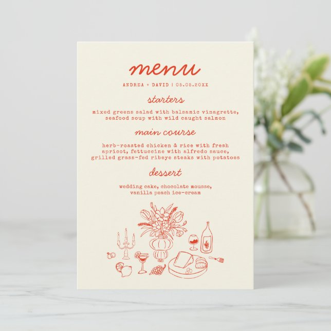 Tarjeta de menú de boda caprichosa roja dibujada a (Anverso de pie)