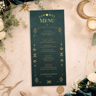 Tarjeta de menú de boda Celestial Gótico Verde osc