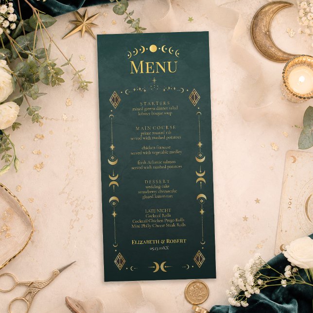 Tarjeta de menú de boda Celestial Gótico Verde osc (Celestial Gothic Dark Teal Wedding Menu Card with celestial wedding decor and flowers)