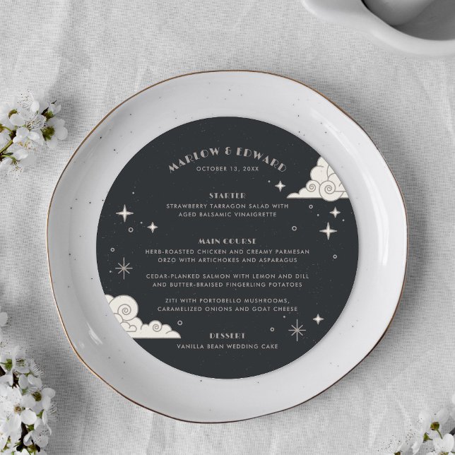 Tarjeta de menú de boda celestial Gray Moon & Star (Subido por el creador)