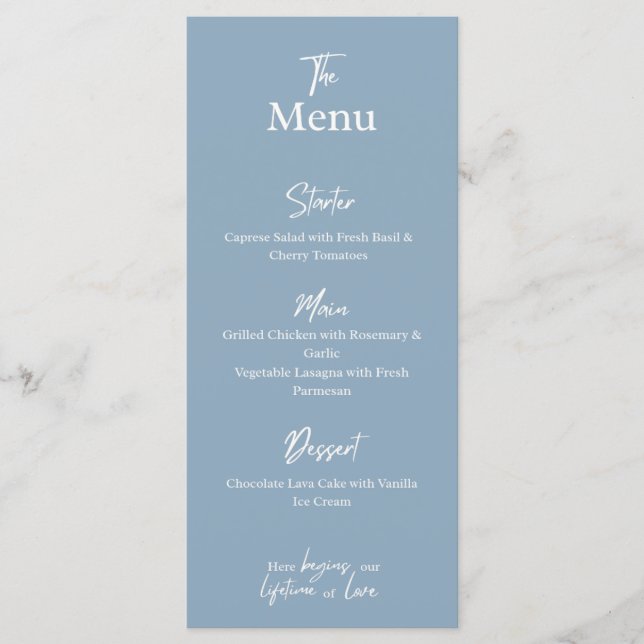 Tarjeta de menú de boda Cena de fiesta azul polvor (Anverso)
