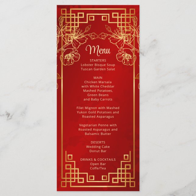 Tarjeta de menú de boda china de flor de cerezo ro (Anverso)