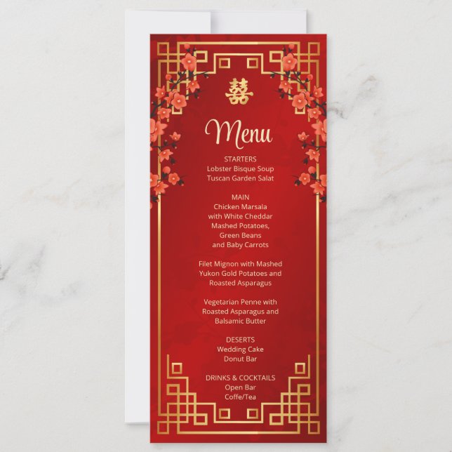 Tarjeta de menú de boda china de flor de cerezo ro (Anverso)