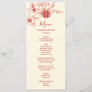 Tarjeta de menú de boda china de magnolia roja cre