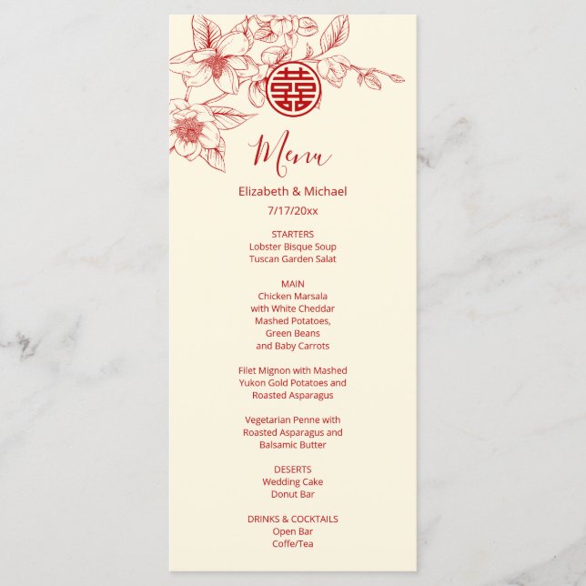 Tarjeta de menú de boda china de magnolia roja cre (Anverso)