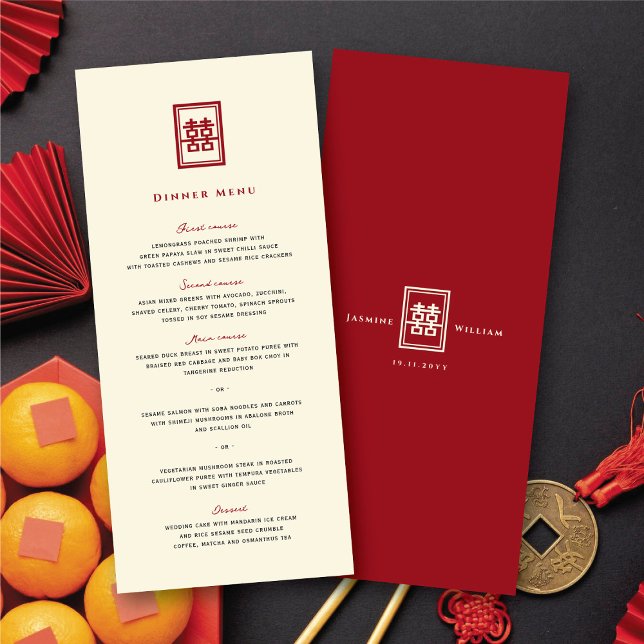 Tarjeta de menú de boda china de rectángulo clásic (Classic Rectangle Double Happiness Chinese Wedding Menu @ fatfatin_red_knot)