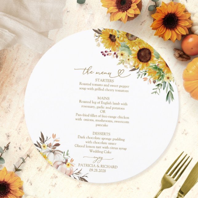 Tarjeta de menú de boda Círculo de girasoles y cal (Subido por el creador)