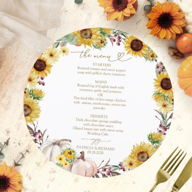 Tarjeta de menú de boda Círculo de girasoles y cal (Subido por el creador)