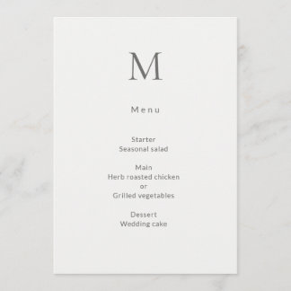 Tarjeta de menú de boda civil con inicial única