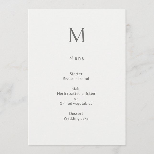 Tarjeta de menú de boda civil con inicial única (Anverso)