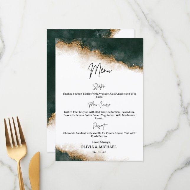 Tarjeta de menú de boda con acuarela verde oscuro  (Anverso/Reverso In Situ)