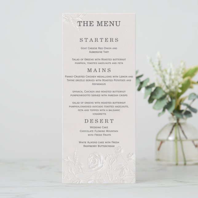 Tarjeta de menú de boda con arco con relieve ciego (Anverso de pie)