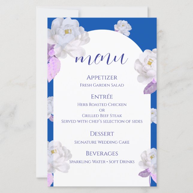 Tarjeta de menú de boda con arco floral azul (Anverso)