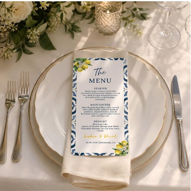 Tarjeta de menú de boda con azulejo azul y limón m (Subido por el creador)