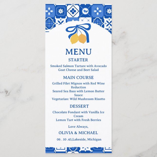 Tarjeta de menú de boda con azulejos mediterráneos (Anverso)