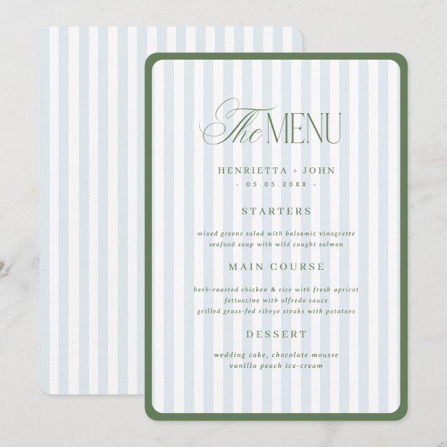 Tarjeta de menú de boda con borde de rayas verdes  (Anverso / Reverso)