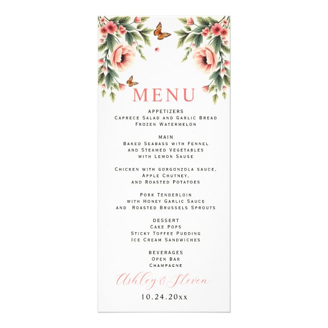 Tarjeta de menú de boda con borde floral con flore (Frente)