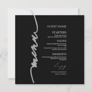 Tarjeta de menú de boda con brillo falso plateado 