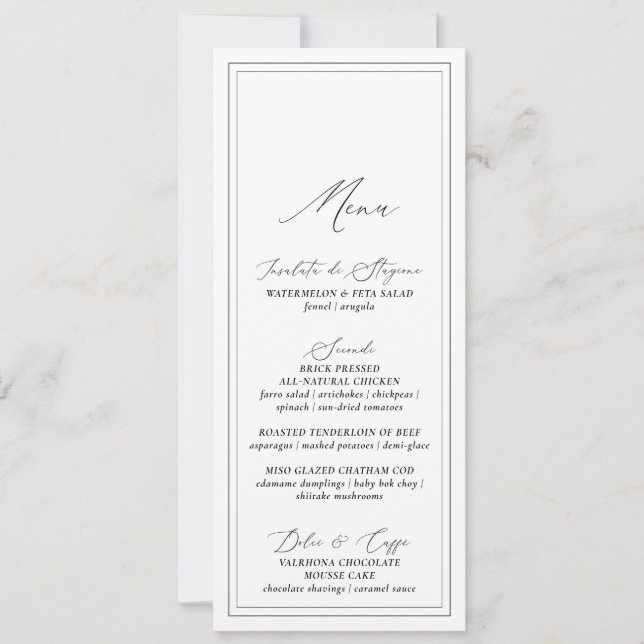Tarjeta de menú de boda con caligrafía blanca mode (Anverso)