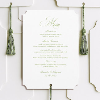 Tarjeta de menú de boda con caligrafía blanca y ve
